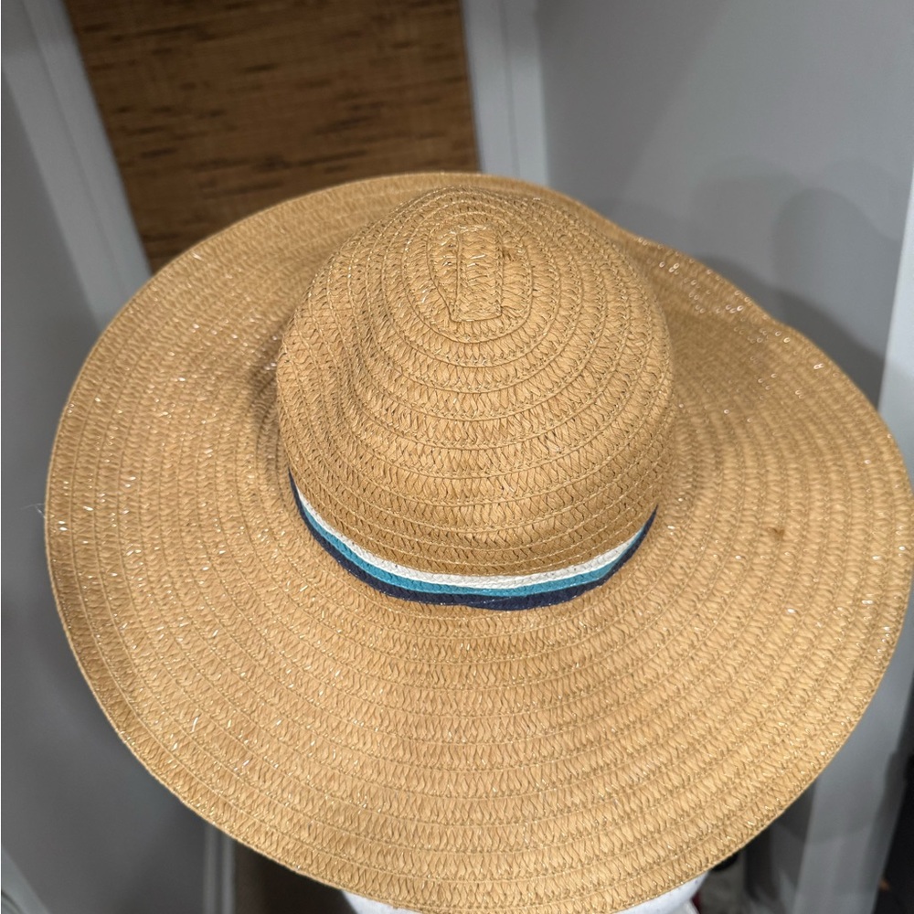 Wide Brim Straw Hat with Blue Stripe - Picture 1 of 5